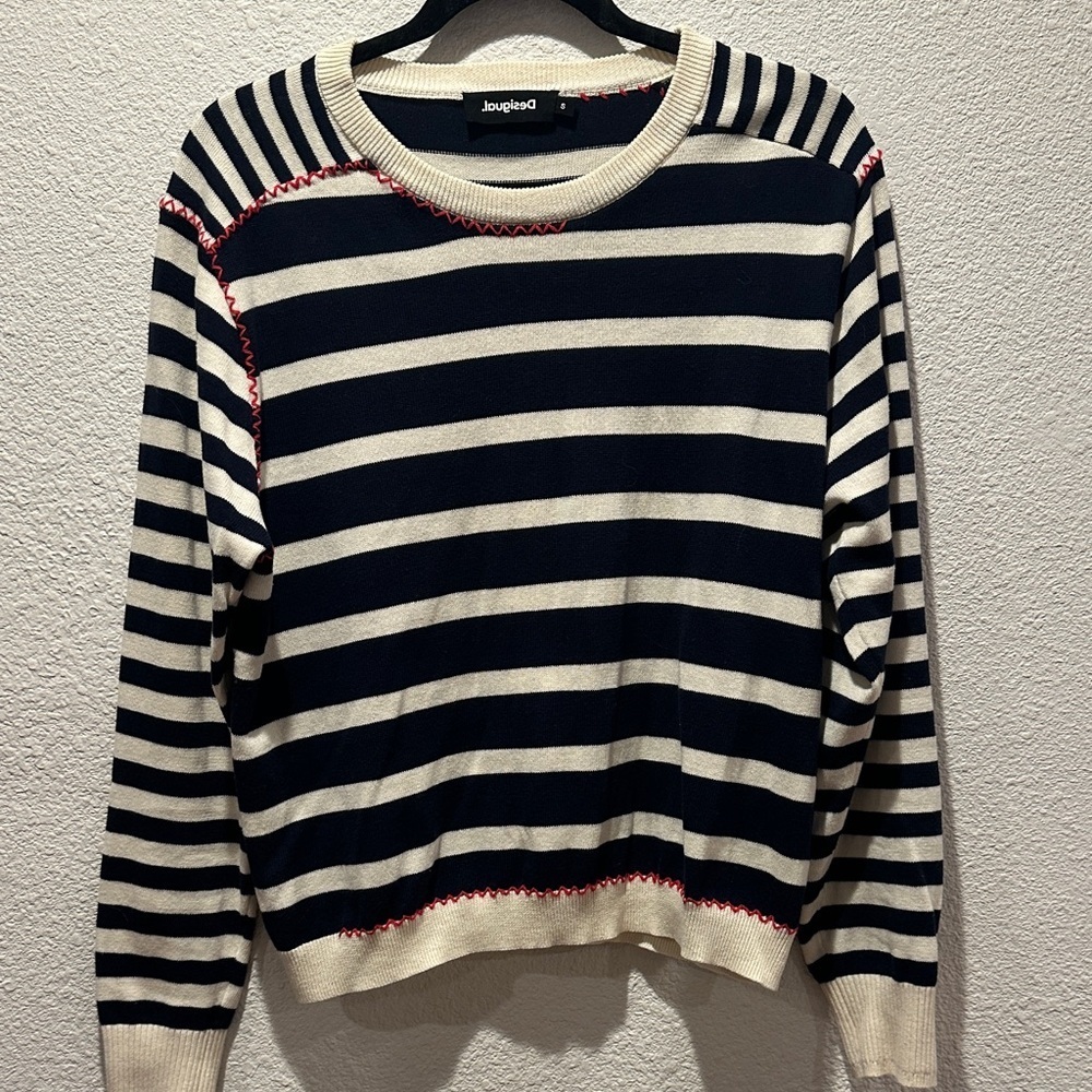 Desigual Navy and Cream Striped Sweater